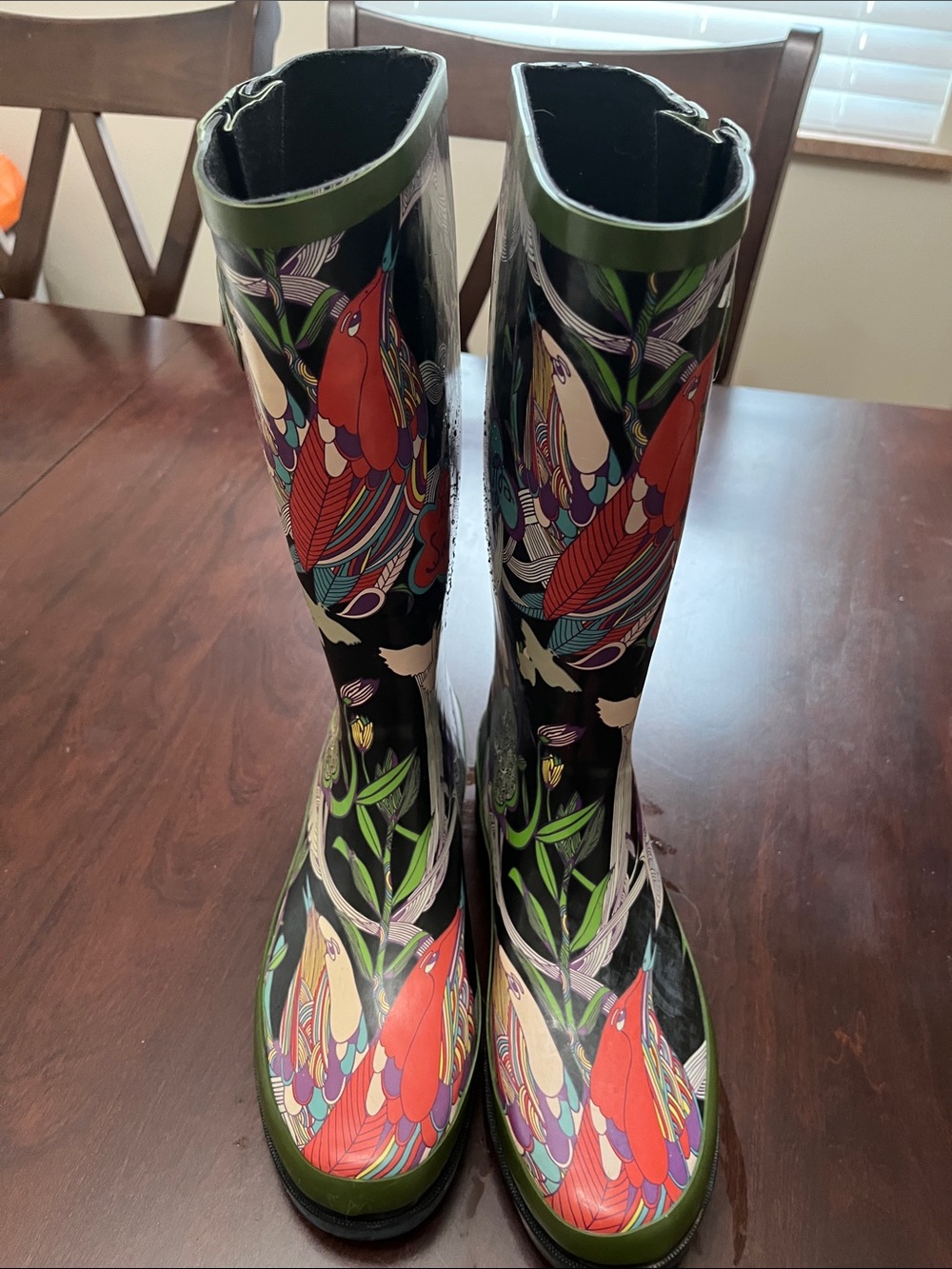 THE SAK Women's Black Tall Rain Boots with Multicolor Bird Print
